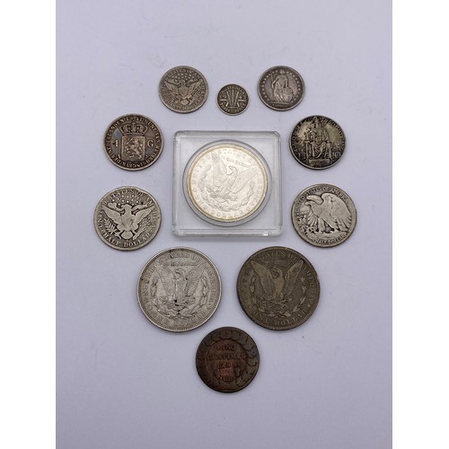 443 - USA 1899, 1921, 1887 ONE DOLLAR PIECES, AND SOME HALF DOLLARS AND OTHER CONTINENTAL COINS