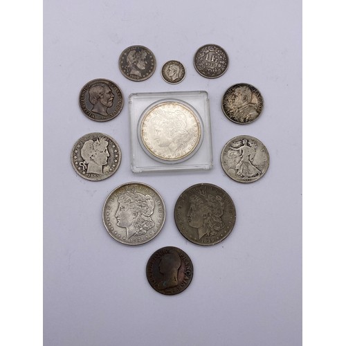 443 - USA 1899, 1921, 1887 ONE DOLLAR PIECES, AND SOME HALF DOLLARS AND OTHER CONTINENTAL COINS