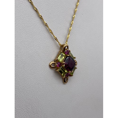 437 - 9CT GOLD ROPE TWIST CHAIN WITH AMETHYST AND PERIDOT LOZENGE PENDANT 44CM 3.2G OVERALL APPROX