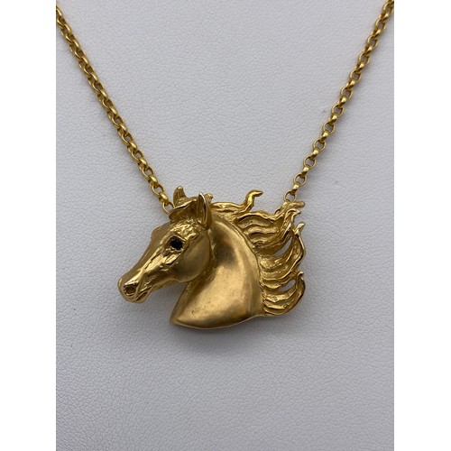 426 - 9CT GOLD BELCHER LINK CHAIN WITH CAST 9CT GOLD STALLION HEAD PENDANT - CHAIN 40CM APPROX, 15.8G OVER... 