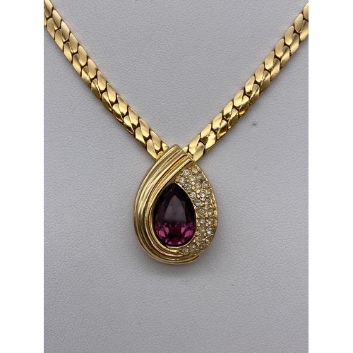 746 - CHRISTIAN DIOR COSTUME JEWELLERY AMETHYST AND PAVE CRYSTAL SET PENDANT ON FLAT CURB CHAIN WITH MATCH... 