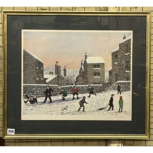 258 - SIGNED LITHOGRAPHIC PRINT TOM DODSON CHILDREN PLAYING ON THE SNOW