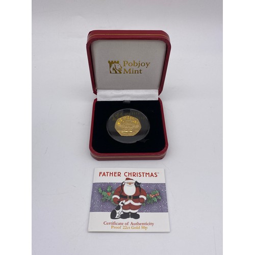 387 - POBJOY MINT 22CT GOLD PROOF LIMITED EDITION 1991 FATHER CHRISTMAS 50 PENCE PIECE 8G APPROX