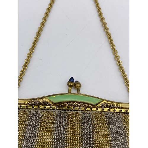 370 - EDWARDIAN TWO TONE CHAIN MAIL PURSE WITH ENAMEL DECORATION AND A SMALLER PURSE