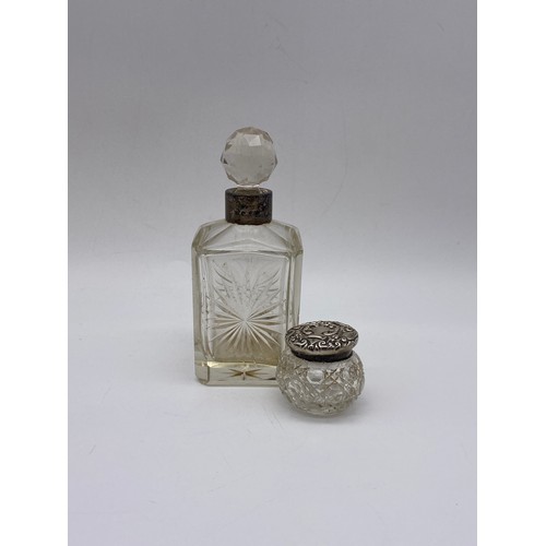 363 - SILVER TOPPED GLASS GLOBULAR ROUGE POT AND A SQUARE SECTION ETCHED SCENT BOTTLE WITH SILVER COLLAR