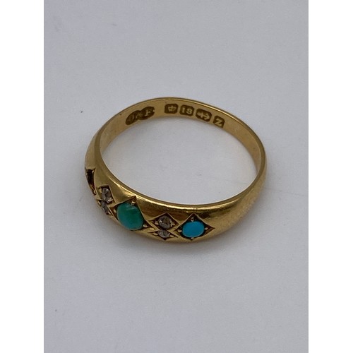 367 - 18CT YELLOW GOLD DIAMOND CHIP AND TURQUOISE CABOCHON SET RING (ONE STONE MISSING) SIZE M/N 3.3G APPR... 