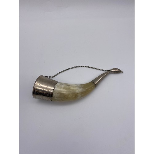 738 - ENGRAVED METAL MOUNTED HORN DRINKING CUP WITH CHAIN