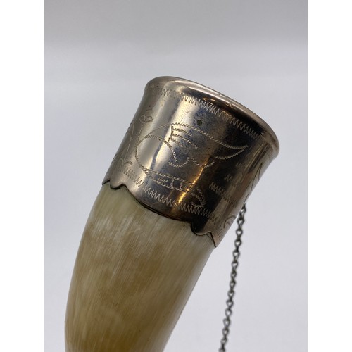 738 - ENGRAVED METAL MOUNTED HORN DRINKING CUP WITH CHAIN