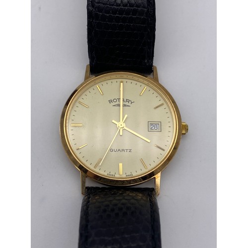 728 - BOXED 9CT ROTARY QUARTZ PRESENTATION WRISTWATCH ON LEATHER STRAP