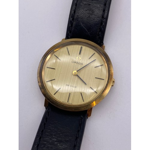 725 - BOXED 9CT GOLD OMEGA DEVILLE ON LEATHER STRAP