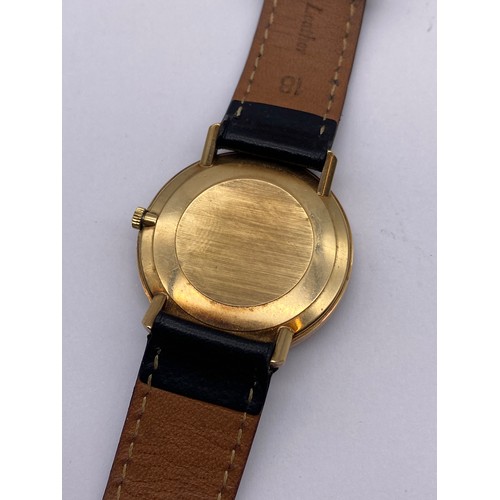 725 - BOXED 9CT GOLD OMEGA DEVILLE ON LEATHER STRAP