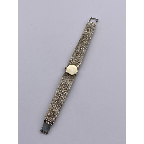 727 - BOXED 1960S 9CT WHITE GOLD LADIES OMEGA WRISTWATCH WITH BARK EFFECT TEXTURED STRAP 35G OVERALL