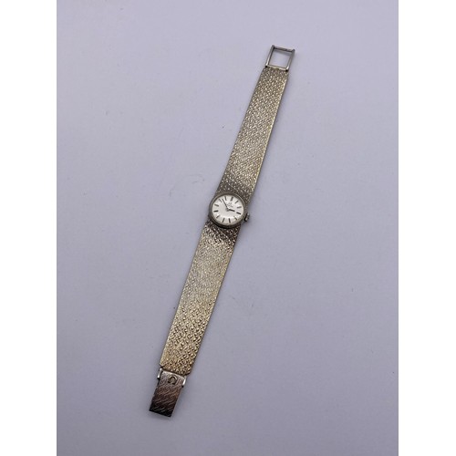 727 - BOXED 1960S 9CT WHITE GOLD LADIES OMEGA WRISTWATCH WITH BARK EFFECT TEXTURED STRAP 35G OVERALL