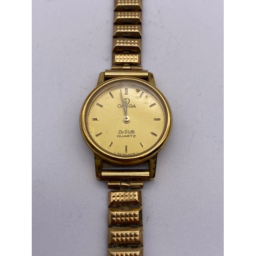 729 - BOXED LADIES OMEGA DEVILLE QUARTZ WINDER A/F ON 9CT GOLD STRAP 14.5G