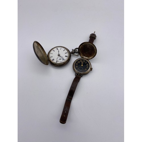 446 - LONDON SILVER CASED FULL HUNTER POCKET WATCH AND A FULL CASED WRISTWATCH