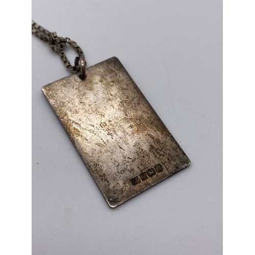 639 - SILVER ID BRACELET AND SILVER RECTANGULAR ID PENDANT ON BOX CHAIN