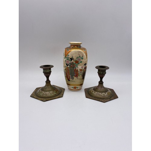 700 - SATSUMA EARTHENWARE TAPERED VASE DECORATED WITH FIGURES AND A PAIR OF INDIAN BRASS ENAMELLED HEXAGON... 