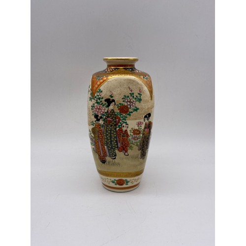 700 - SATSUMA EARTHENWARE TAPERED VASE DECORATED WITH FIGURES AND A PAIR OF INDIAN BRASS ENAMELLED HEXAGON... 