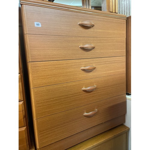 60 - TEAK EFFECT FIVE DRAWER CHEST AND MATCHING THREE DRAWER CHEST