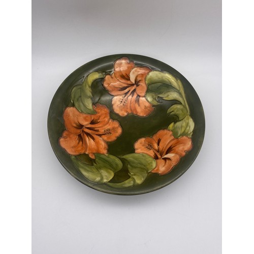 602 - MOORCROFT POTTERY HIBISCUS PATTERN BOWL, PAIR OF PIN DISHES AND SHALLOW BOWL (RIM A/F)