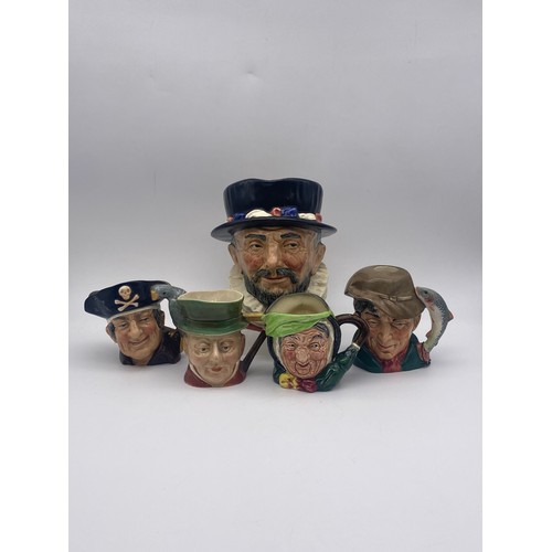 510 - ROYAL DOULTON CHARACTER JUG BEAFEATER, THE POACHER, LONG JOHN SILVER, SAIREY GAMP, AND BESWICK MICAW... 