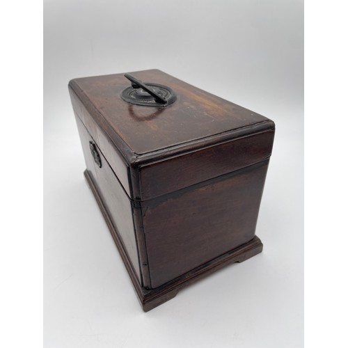 610 - MID 18TH CENTURY MAHOGANY RECTANGULAR TEA CADDY WITH THREE COMPARTMENTS