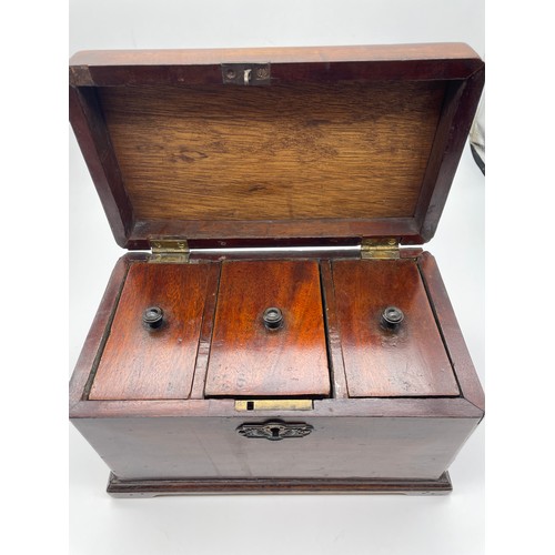 610 - MID 18TH CENTURY MAHOGANY RECTANGULAR TEA CADDY WITH THREE COMPARTMENTS