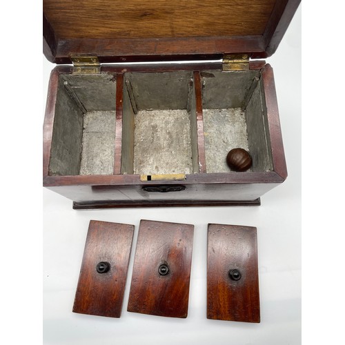 610 - MID 18TH CENTURY MAHOGANY RECTANGULAR TEA CADDY WITH THREE COMPARTMENTS