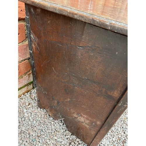 29 - 17TH CENTURY OAK TWO PANEL COFFER WITH CARVED LUNETTE FRIEZE