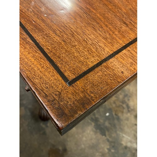 12 - REGENCY MAHOGANY EBONY LINE INLAID FOLD OVER BAIZE LINED CARD TABLE ON RING TURNED PEDESTAL AND QUAD... 