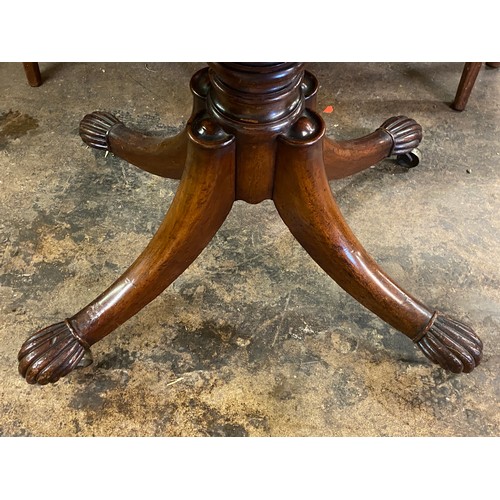 12 - REGENCY MAHOGANY EBONY LINE INLAID FOLD OVER BAIZE LINED CARD TABLE ON RING TURNED PEDESTAL AND QUAD... 