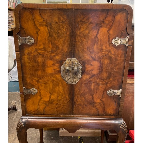 17 - REPRODUCTION QUEEN ANNE WALNUT DRINKS CABINET ON CARVED HIGH CABRIOLE LEGS