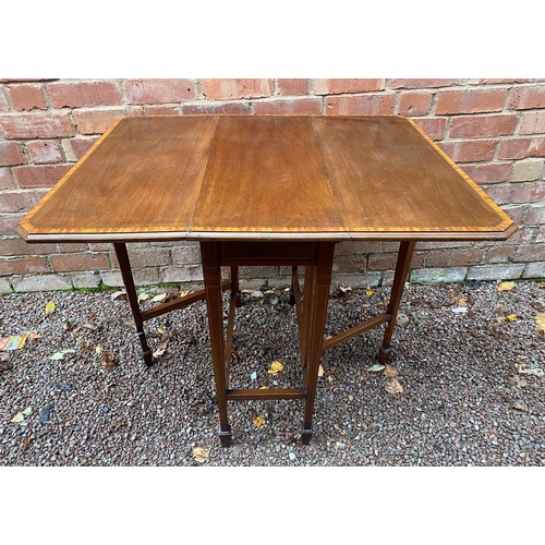 6 - EDWARDIAN MAHOGANY SATIN CROSS BANDED AND CHEQUER INLAID SUTHERLAND STYLE TABLE