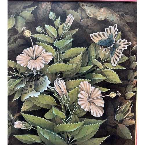 258 - INY WIRNATA WATERCOLOUR OF BUTTERFLIES ‘83 IN CARVED ORNATE FRAME