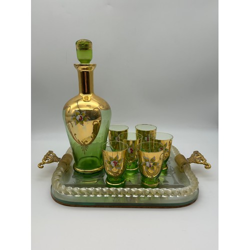 321 - MURANO STYLE GREEN TINTED AND GILT LIQUEUR SET ON TRAY