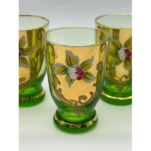 321 - MURANO STYLE GREEN TINTED AND GILT LIQUEUR SET ON TRAY