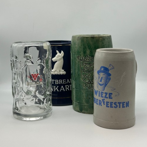 322 - PIGEON HOLE CONTAINING LARGE WHITBREAD TANKARD AND GERMAN BEER DRINKING MUGS