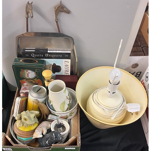 423 - CARTON OF MIXED ITEMS INCLUDING HORN BIRD, ADVERTISING TINS, POTTERY LAMP, AND SERVING TRAY