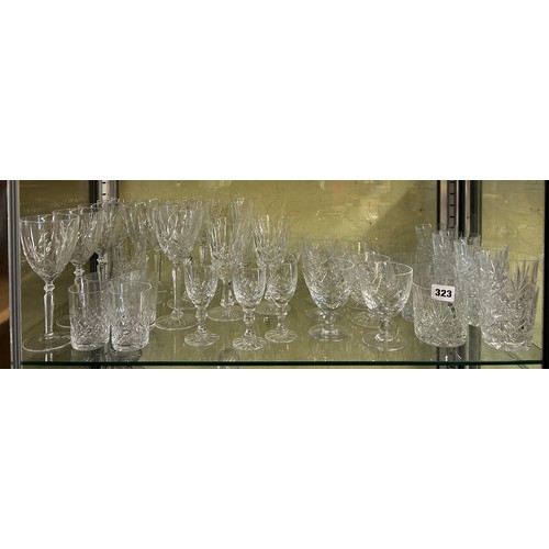 323 - SHELF OF ETCHED DRINKING GLASSES, BRANDY BALLOONS, TUMBLERS