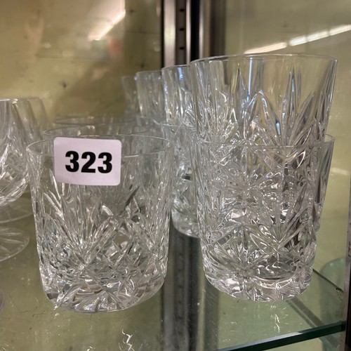 323 - SHELF OF ETCHED DRINKING GLASSES, BRANDY BALLOONS, TUMBLERS