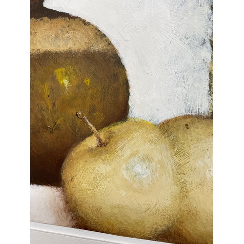 265 - TERRY WHYBROW ACRYLIC ON BOARD STILL LIFE OF FRUIT AND VASE