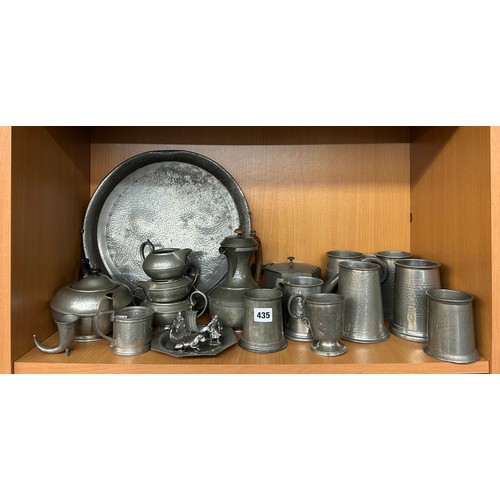 435 - SHELF OF PEWTERWARES INCLUDING BEADED CHARGER, BEATEN TEASERVICE AND SOME TANKARDS