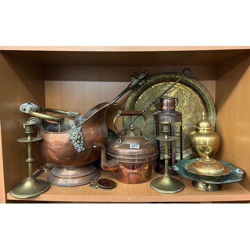 327 - BRASS COMPANION SET, TOASTING FORKS, COPPER KETTLE AND COAL SCUTTLE AND OTHER METAL WARE