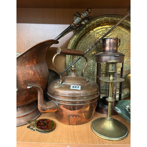 327 - BRASS COMPANION SET, TOASTING FORKS, COPPER KETTLE AND COAL SCUTTLE AND OTHER METAL WARE