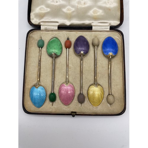 513 - CASED SET OF SIX BIRMINGHAM SILVER AND GUILLOCHE ENAMEL COFFEE BEAN SPOONS