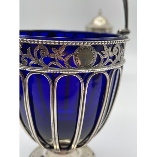 510 - BIRMINGHAM SILVER OVOID PEDESTAL BASKET WITH BLUE LINER AND SIMILAR STYLE SIFTER 8.1OZ APPROX WITHOU... 