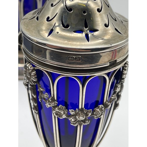 510 - BIRMINGHAM SILVER OVOID PEDESTAL BASKET WITH BLUE LINER AND SIMILAR STYLE SIFTER 8.1OZ APPROX WITHOU... 