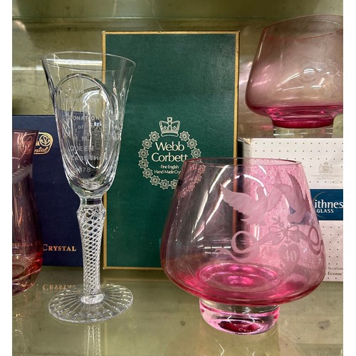 334 - SHELF OF BOXED CAITHNESS ETCHED RUBY TINTED BOWLS, WEBB CORBETT CRYSTAL GLASS AND OTHER GLASSWARE