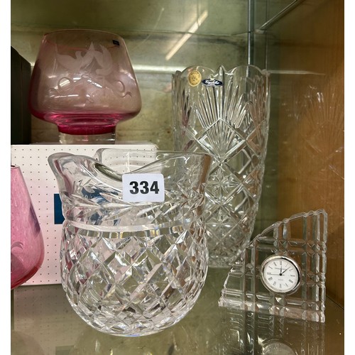 334 - SHELF OF BOXED CAITHNESS ETCHED RUBY TINTED BOWLS, WEBB CORBETT CRYSTAL GLASS AND OTHER GLASSWARE