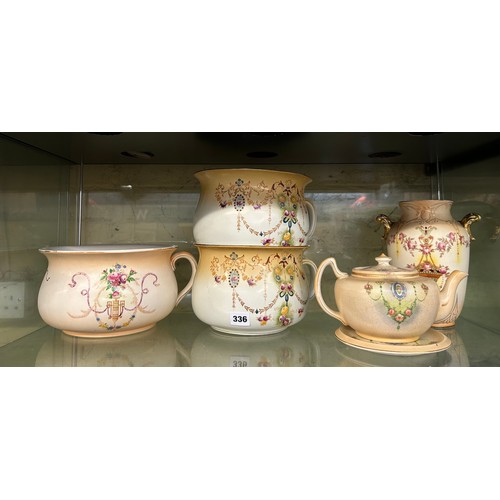 336 - CROWN DEVON BLUSH IVORY FLORAL CHAMBER POTS, VASE AND TEAPOT